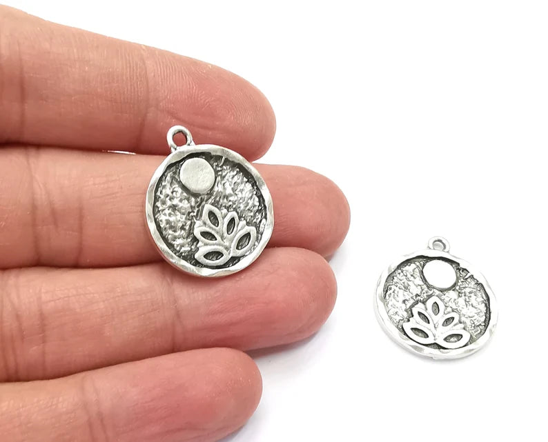 Lotus Full Moon Charms Round Night Pendant Antique Silver Plated Charms (26x22mm) G27924