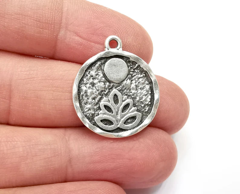 Lotus Full Moon Charms Round Night Pendant Antique Silver Plated Charms (26x22mm) G27924