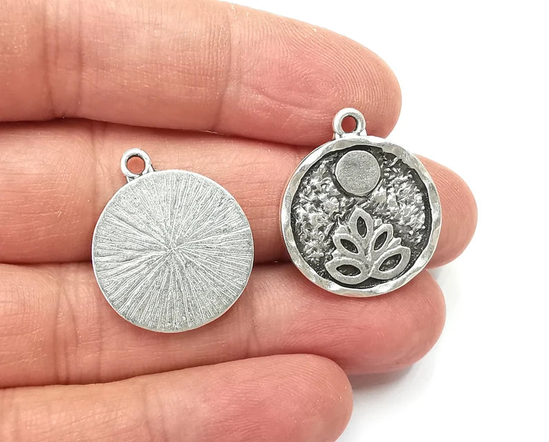 Lotus Full Moon Charms Round Night Pendant Antique Silver Plated Charms (26x22mm) G27924