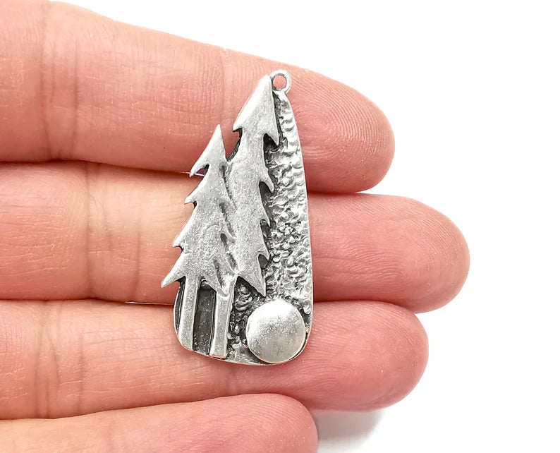 Pine Tree Forest Charms Full Moon Night Pendant Antique Silver Plated Charms (40x21mm) G27925