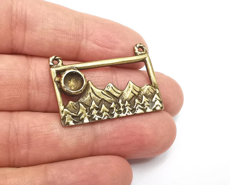 Mountain Landscape Pine Tree Connector Pendant Charms Antique Bronze Plated Pendant (35x32mm) G27783