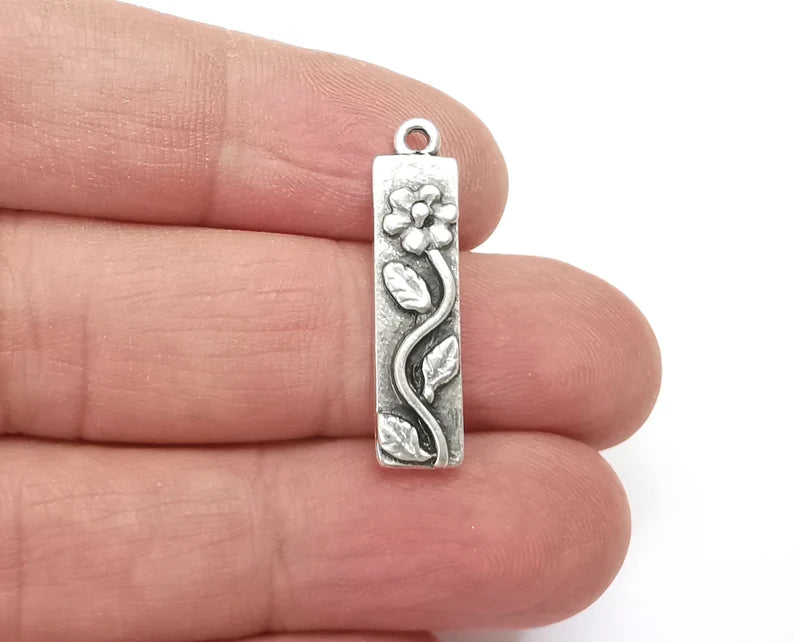 Flower Leaf Charms Branch Plant Pendant Antique Silver Plated Charms (28x7mm) G27930