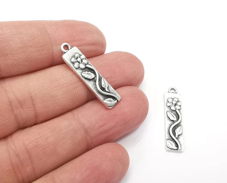 Flower Leaf Charms Branch Plant Pendant Antique Silver Plated Charms (28x7mm) G27930