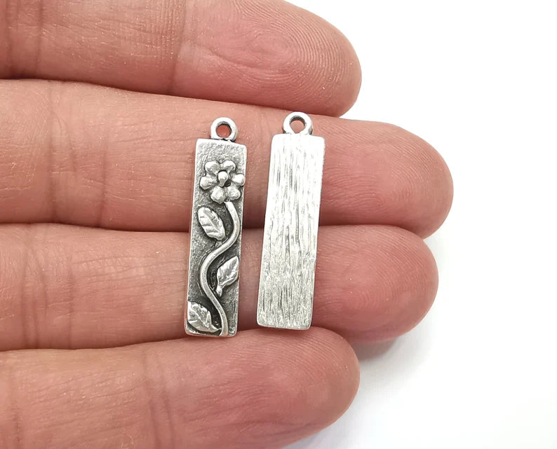 Flower Leaf Charms Branch Plant Pendant Antique Silver Plated Charms (28x7mm) G27930