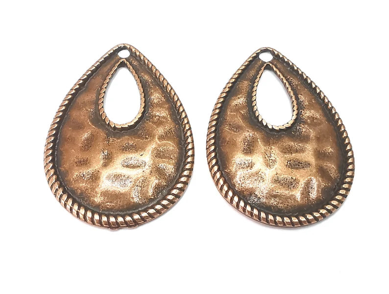 2 Hammered Drop Charms Antique Copper Plated Charms (49x34mm) G27933