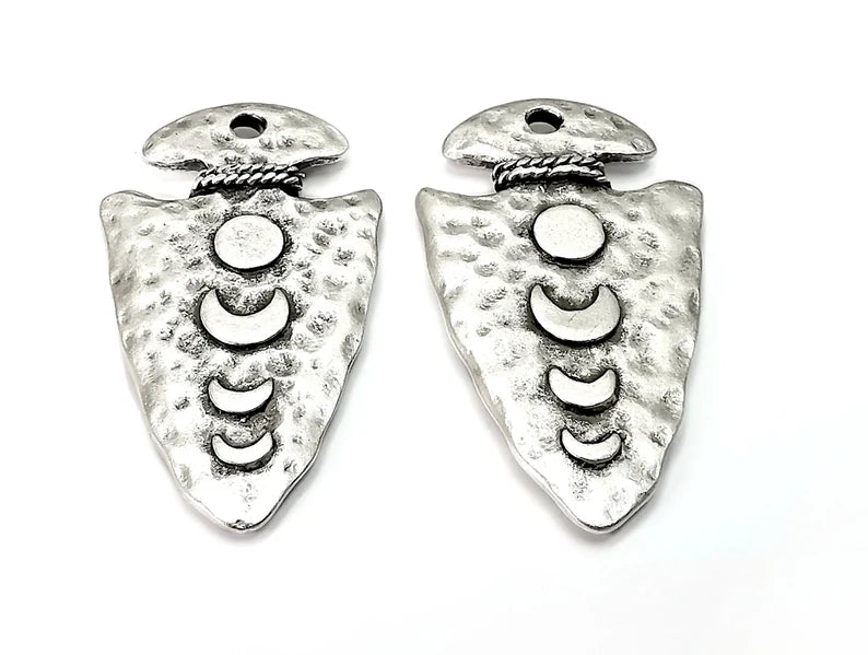 Crescent Moon Arrowhead Charms The phases of the moon, Hammered Ethnic Antique Silver Plated (Double sided) (41x23mm) G27943