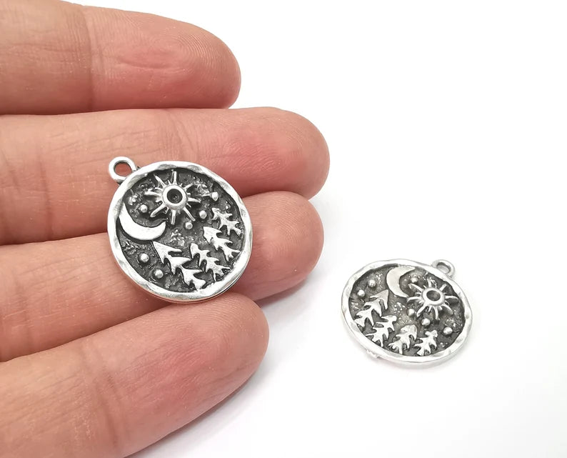 Pine Tree Forest Moon Stars Charms Crescent Night Pendant Antique Silver Plated Charms (25x21mm) G27944