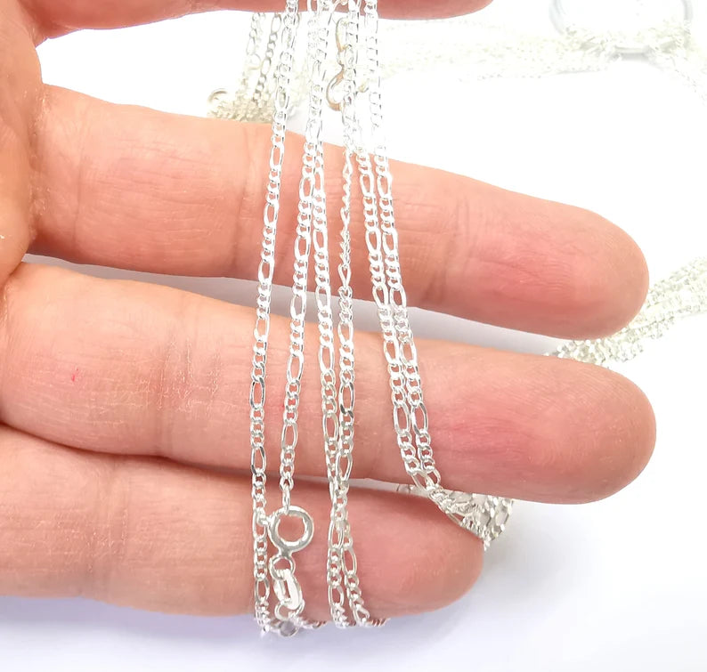 Figaro Chain Sterling Silver Finished Necklace Chain, Ready Chain (6,4x2,4mm) 925 Solid Silver Ready Chain (50cm-19.5 inch) G30262