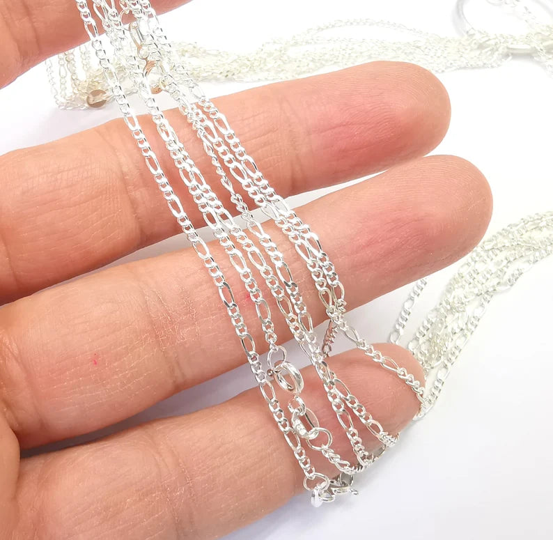 Figaro Chain Sterling Silver Finished Necklace Chain, Ready Chain (6,4x2,4mm) 925 Solid Silver Ready Chain (50cm-19.5 inch) G30262