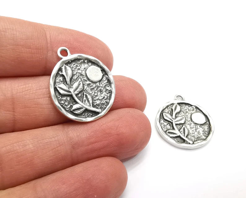 Branch Leaf Charms Plant Nature Stars Charms Full Moon Moonrise Pendant Antique Silver Plated Charms (26x22mm) G27950