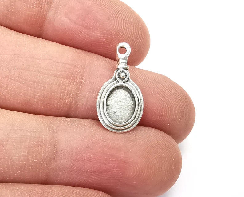 Ethnic Silver Charms Blank Bezel Settings Antique Silver Plated Charms (20x10mm)(8x6mm Blank) G27844