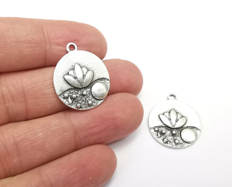 Lotus Flower Charms Pendant Antique Silver Plated Charms (25x21mm) G27952