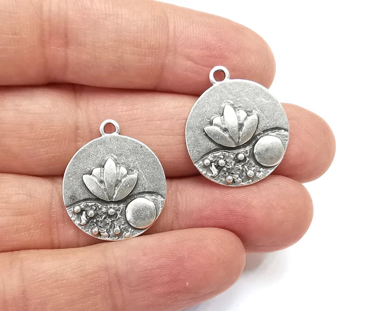 Lotus Flower Charms Pendant Antique Silver Plated Charms (25x21mm) G27952