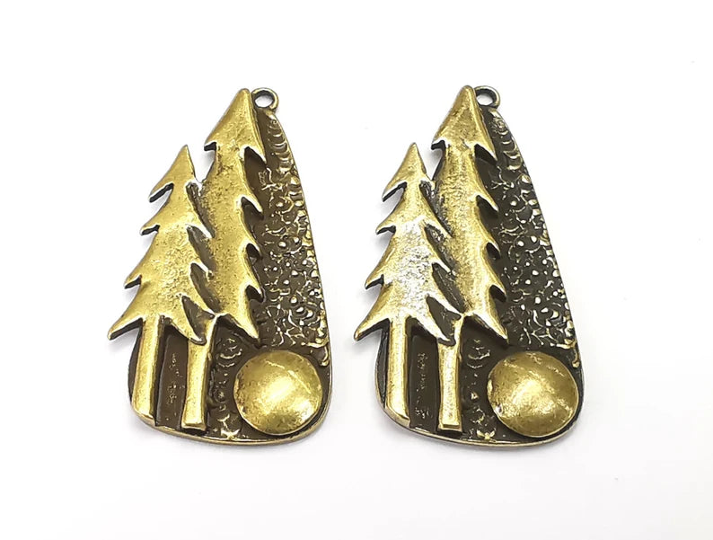 Pine Tree Forest Charms Full Moon Night Pendant Antique Bronze Plated Charms (40x21mm) G27955