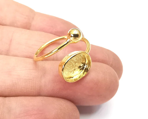 Ball Head Oval Shiny Gold Ring Bezels Settings Resin Backs Cabochon Mounting Gold Plated Brass Adjustable Ring Base (11x8mm blank) G27852