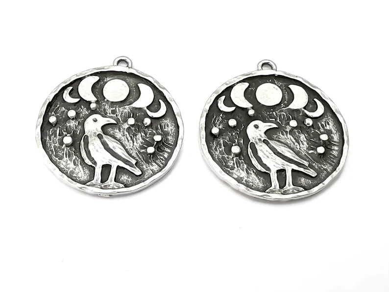 Raven Moon Charms Crescent Stars Charms Moonrise Pendant Antique Silver Plated Charms (30x26mm) G27857