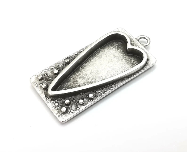 Heart Rectangle Pendant Blank Resin Bezel Mounting Cabochon Base Setting Antique Silver Plated Charms 38x18mm (28x14mm Blank) G27963