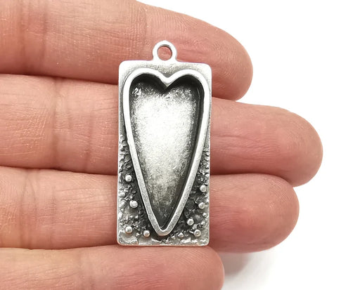 Heart Rectangle Pendant Blank Resin Bezel Mounting Cabochon Base Setting Antique Silver Plated Charms 38x18mm (28x14mm Blank) G27963