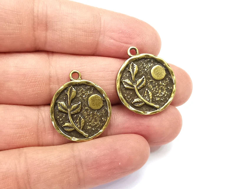 Branch Leaf Charms Plant Nature Stars Charms Full Moon Moonrise Pendant Antique Bronze Plated Charms (26x22mm) G27964