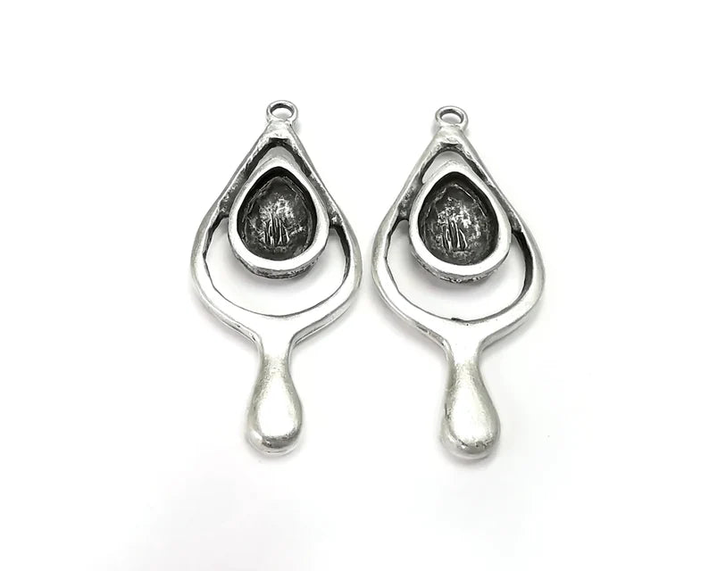 Drop Teardrop Silver Charm Blank Cabochon Base Antique Silver Plated Charms 52x22mm (14x10mm bezel) G27859
