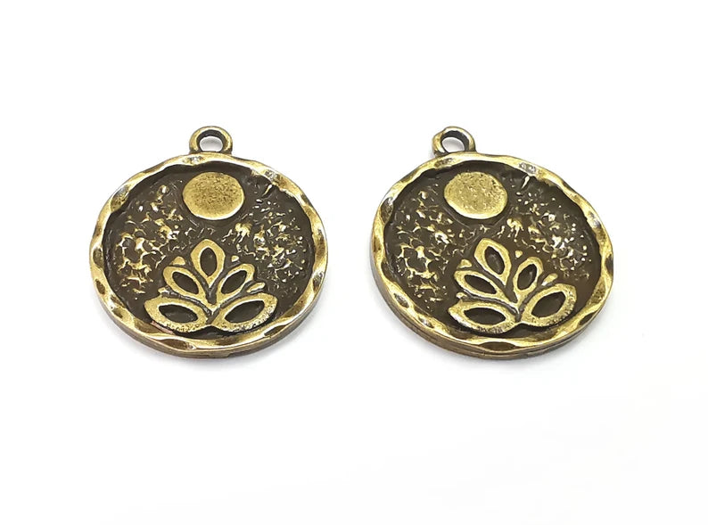 Lotus Full Moon Charms Round Night Pendant Antique Bronze Plated Charms (26x22mm) G27971