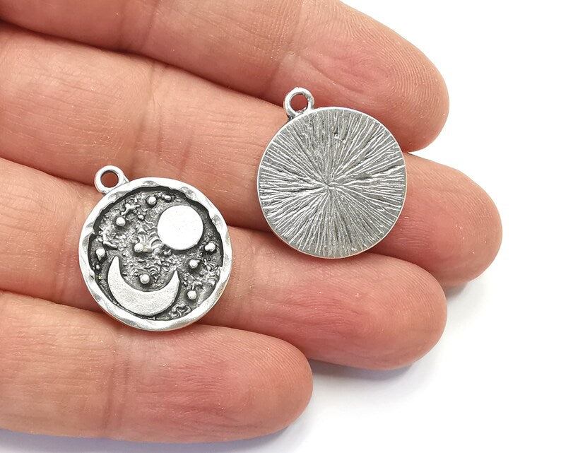 Crescent Moon Charms, Celestial Charms, Night Sky Charms, Antique Silver Plated Charms (25x21mm) G27978