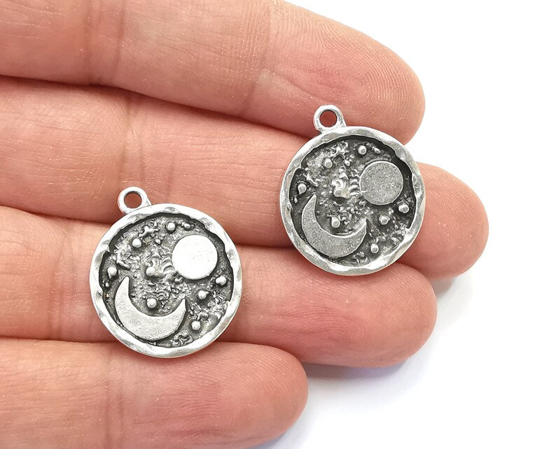 Crescent Moon Charms, Celestial Charms, Night Sky Charms, Antique Silver Plated Charms (25x21mm) G27978