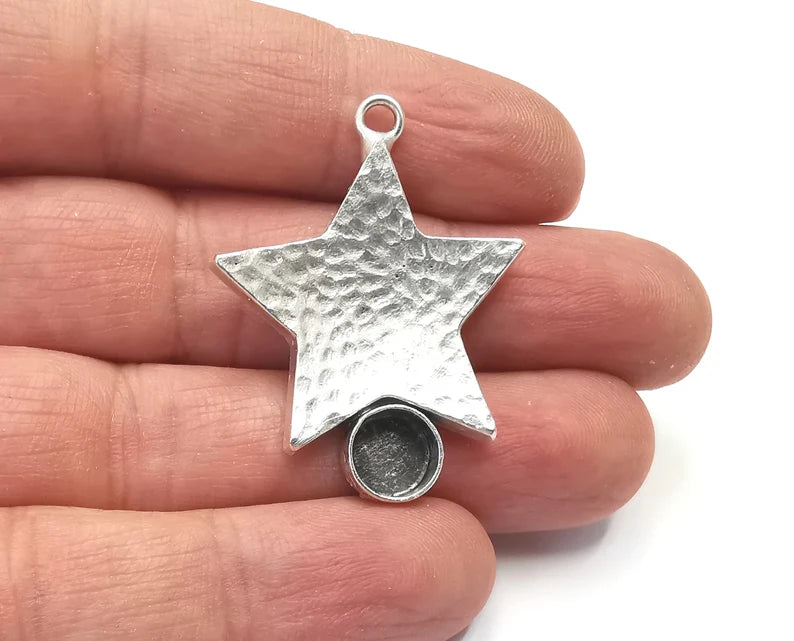 Hammered Star Silver Pendant Blank Mosaic Base Blank Inlay Necklace Blank Resin Blank Antique Silver Plated Brass (8 mm blank) G27979