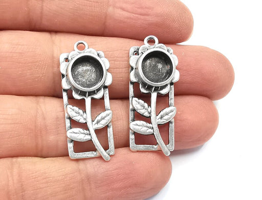 Flower Leaf Charms Blank Resin Bezel Mosaic Mountings Cabochon Setting Antique Silver Plated Charms (35x14mm)(8mm Blank) G27983