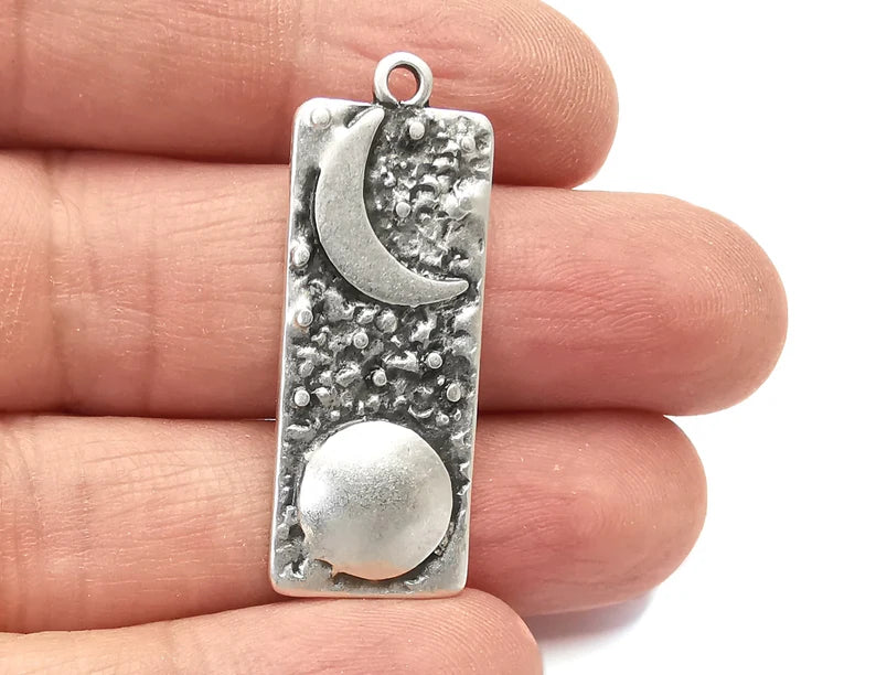 Crescent Full Moon Charms Star Night Sky Pendant Antique Silver Plated Charms (38x15mm) G27984