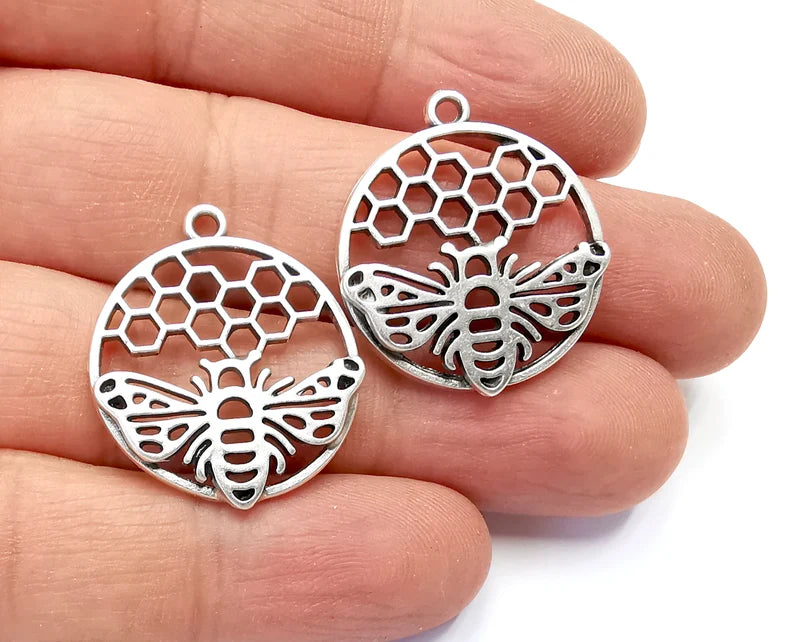 Bee Honeycomb Charms Antique Silver Plated Charm (28x24mm) G27987