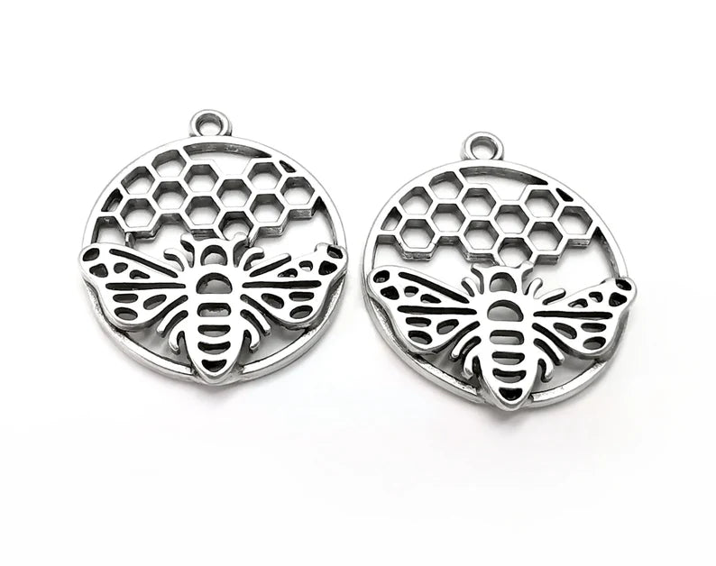 Bee Honeycomb Charms Antique Silver Plated Charm (28x24mm) G27987