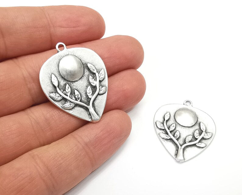 Branch Leaf Charms Plant Nature Charms Full Moon Moonrise Pendant Antique Silver Plated Charms (34x28mm) G27989