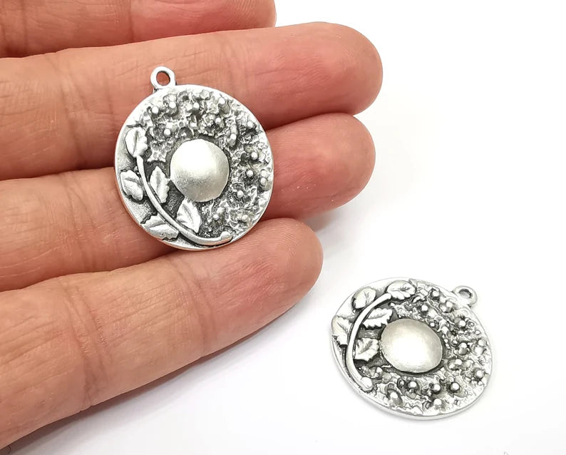 Branch Leaf Charms Plant Nature Charms Full Moon Moonrise Pendant Antique Silver Plated Charms (31x27mm) G27990