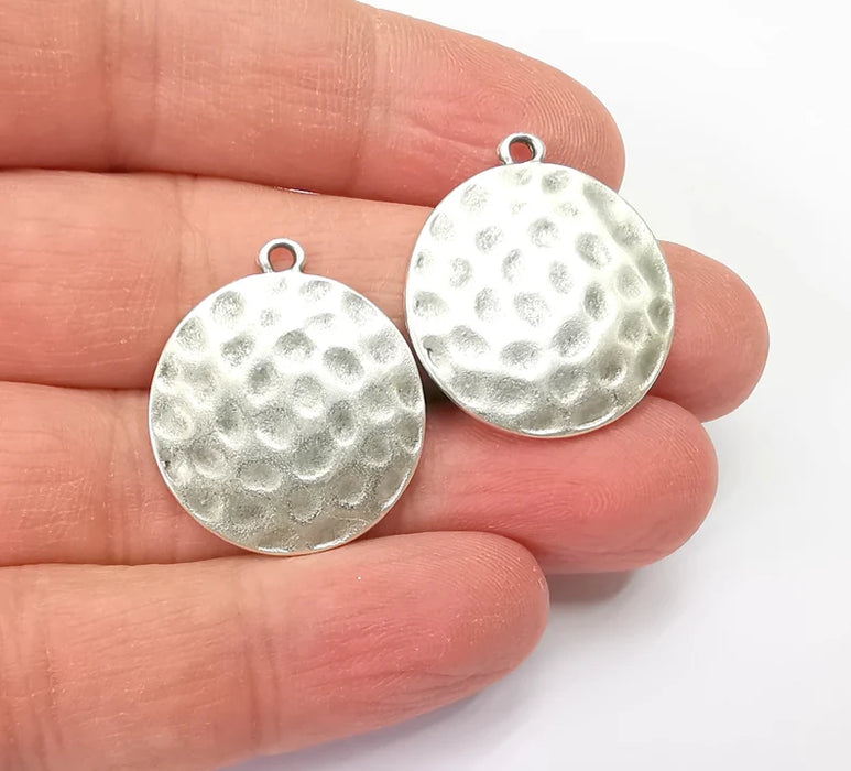 Hammered Round Charms Antique Silver Plated Charms (28x24mm) G27885