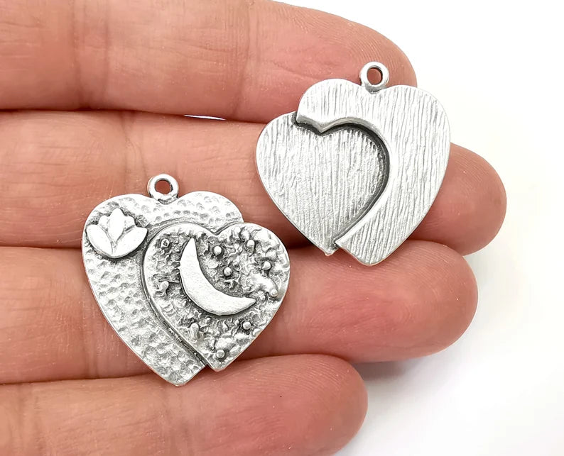 Heart Lotus Flower Charms Crescent Pendant Antique Silver Plated (28x28mm) G27991