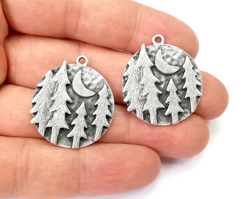 Forest Landscape Pine Tree Crescent Moon Round Charms Pendant Antique Silver Plated Charms (31x28mm) G27994