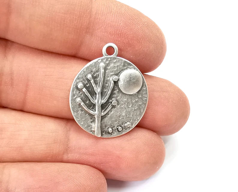 2 Tree Moon Charms Hammered Round Full Moon Pendant Antique Silver Plated Charms (26x22mm) G27995