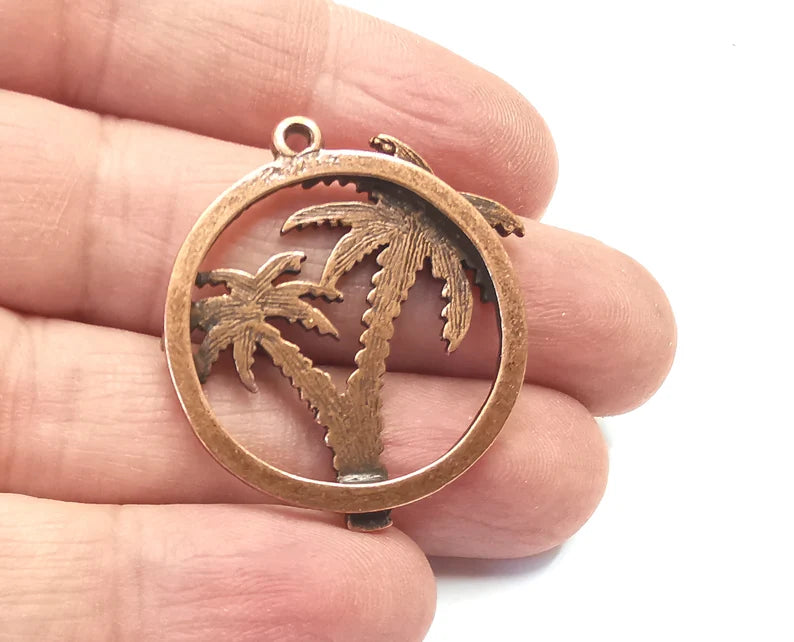 Palm Tree Round Charms Antique Copper Plated Charms (36x31mm) G27999