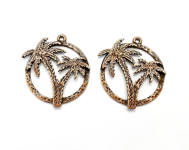 Palm Tree Round Charms Antique Copper Plated Charms (36x31mm) G27999