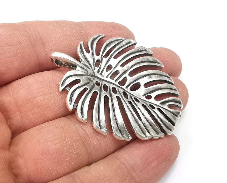 Monstera Leaf Charms Pendant Antique Silver Plated Pendant (54x44mm) G27898