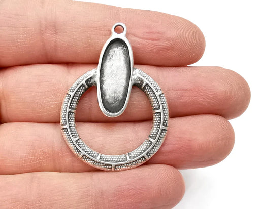 Serpentine Oval Charms Blank Resin Bezel Mounting Cabochon Base Setting Antique Silver Plated Charms (22x9mm Blank) G27915