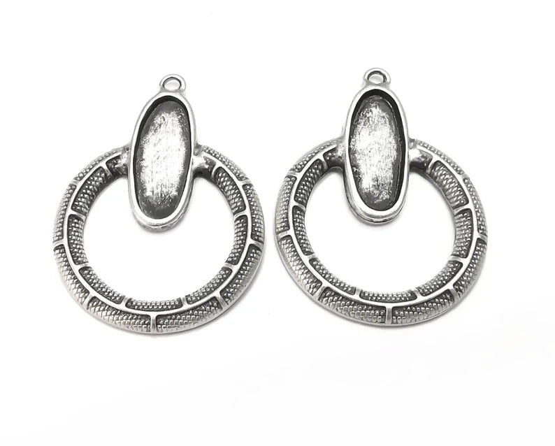 Serpentine Oval Charms Blank Resin Bezel Mounting Cabochon Base Setting Antique Silver Plated Charms (22x9mm Blank) G27915