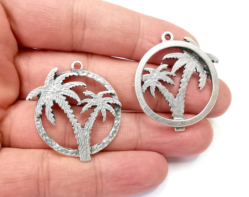 Palm Tree Round Charms Antique Silver Plated Charms (36x31mm) G27923