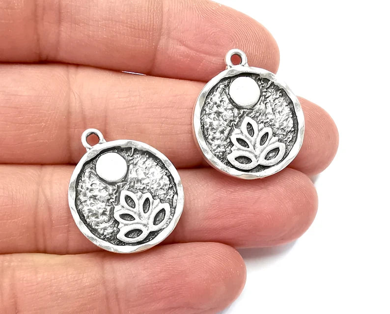 Lotus Full Moon Charms Round Night Pendant Antique Silver Plated Charms (26x22mm) G27924