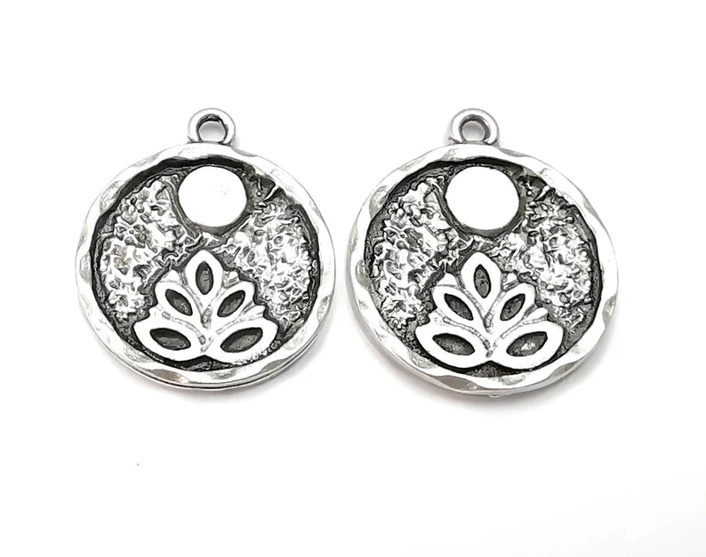 Lotus Full Moon Charms Round Night Pendant Antique Silver Plated Charms (26x22mm) G27924