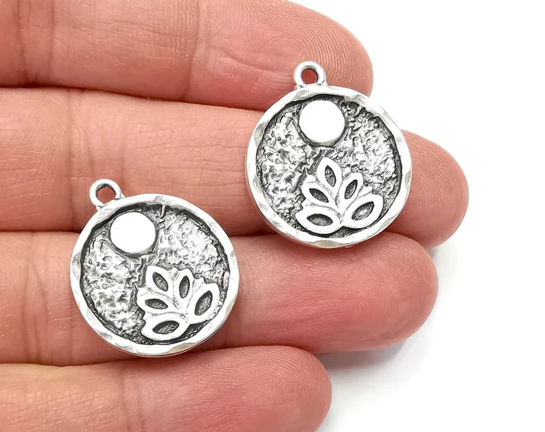 Lotus Full Moon Charms Round Night Pendant Antique Silver Plated Charms (26x22mm) G27924