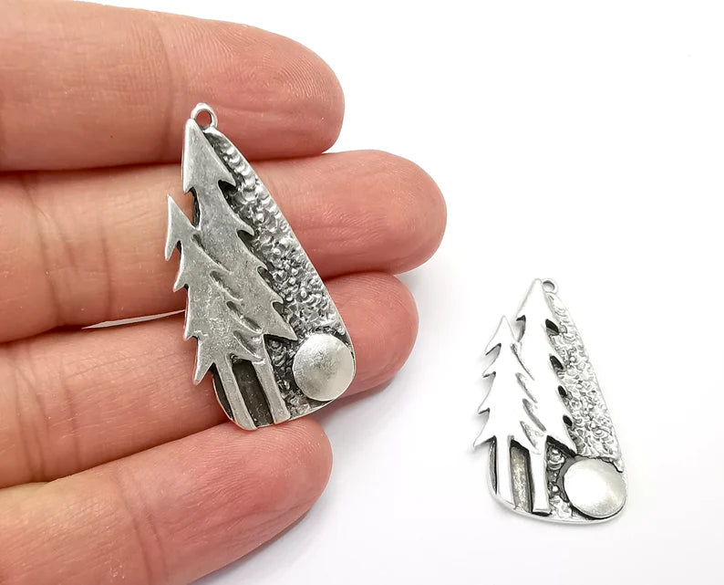 Pine Tree Forest Charms Full Moon Night Pendant Antique Silver Plated Charms (40x21mm) G27925