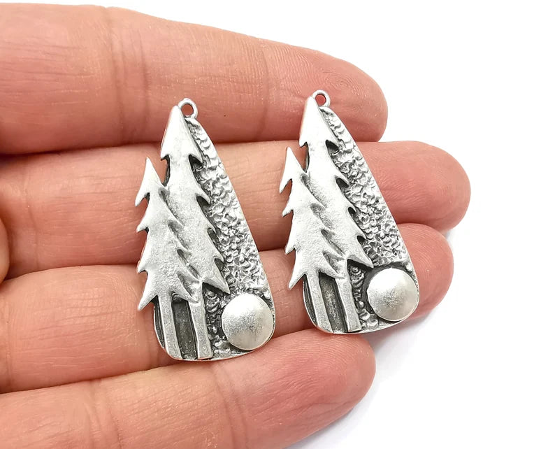 Pine Tree Forest Charms Full Moon Night Pendant Antique Silver Plated Charms (40x21mm) G27925