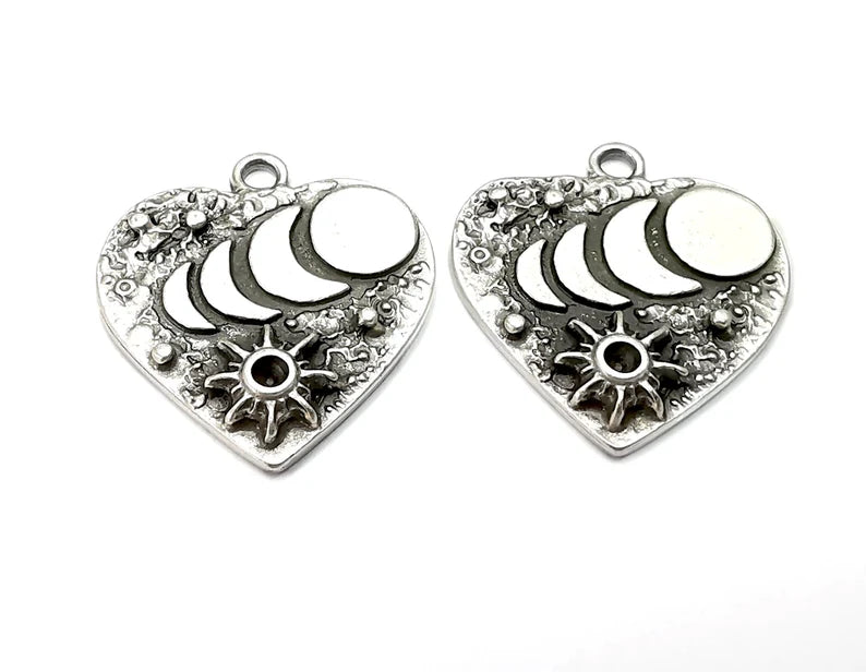 Heart Moon Star Charms Crescent State of The Moon Pendant Antique Silver Plated Charms (25x23mm) G27929